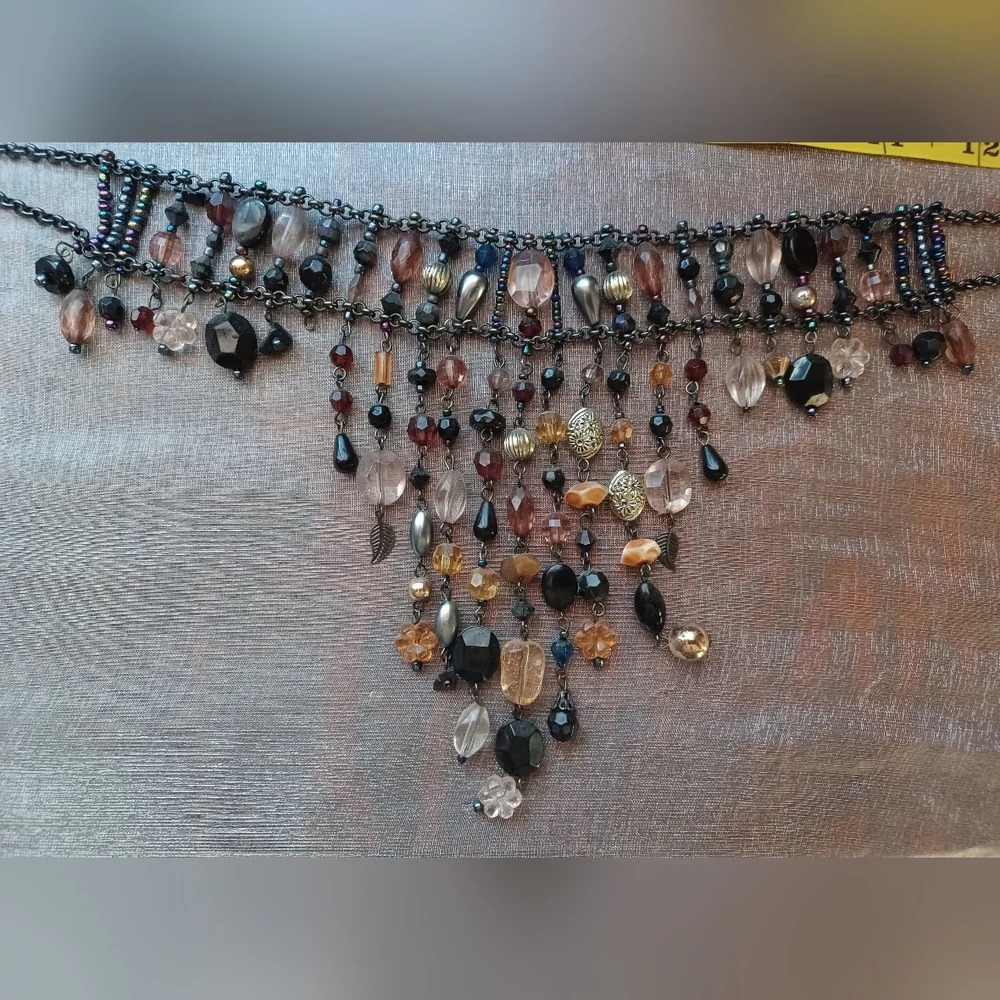 Vintage Fantasy Statement Crystal Bead Stone Drop Jewel Choker Bib Collar - Picture 8 of 9